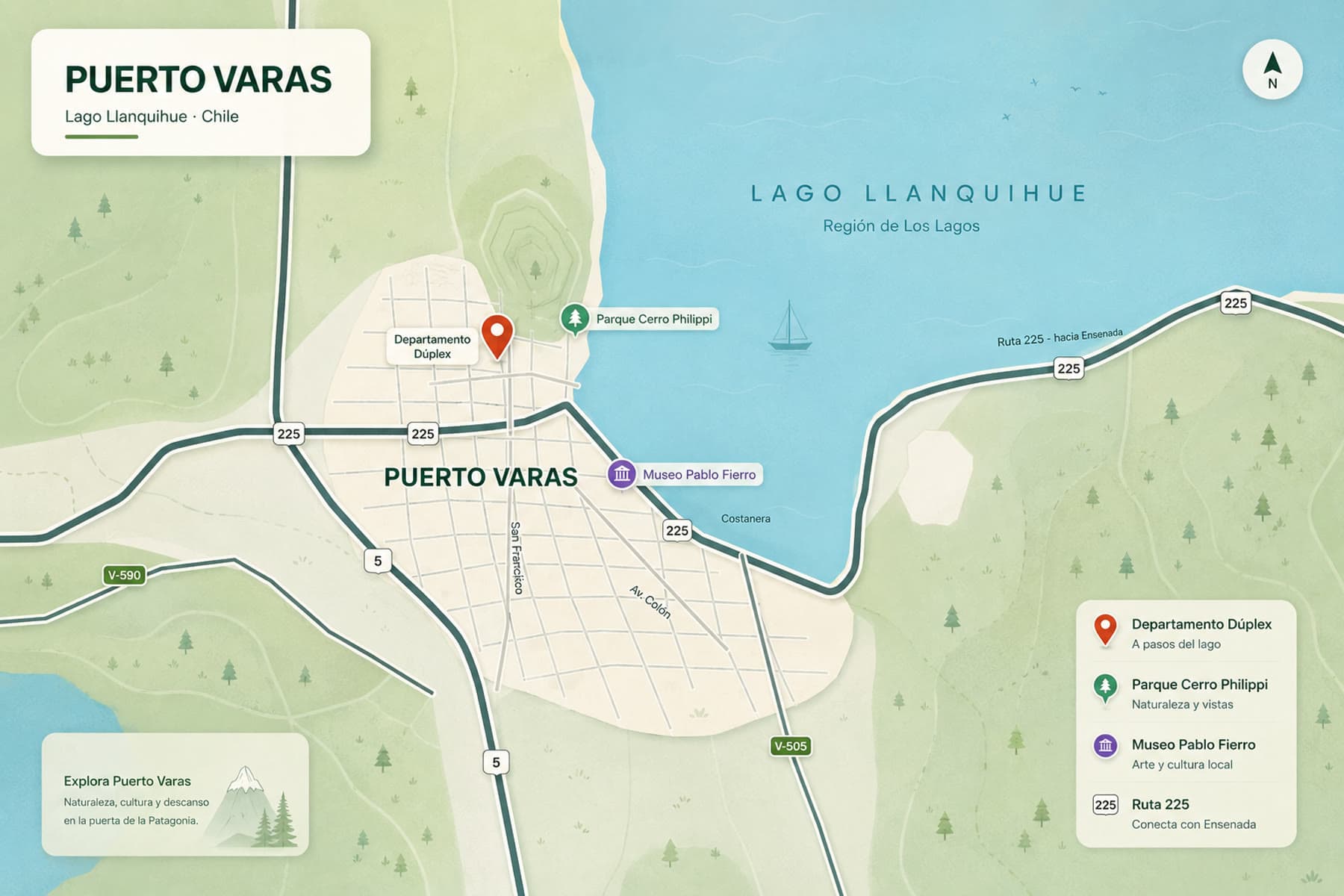 Mapa ilustrado de Puerto Varas con la ubicación aproximada de DecherApartment