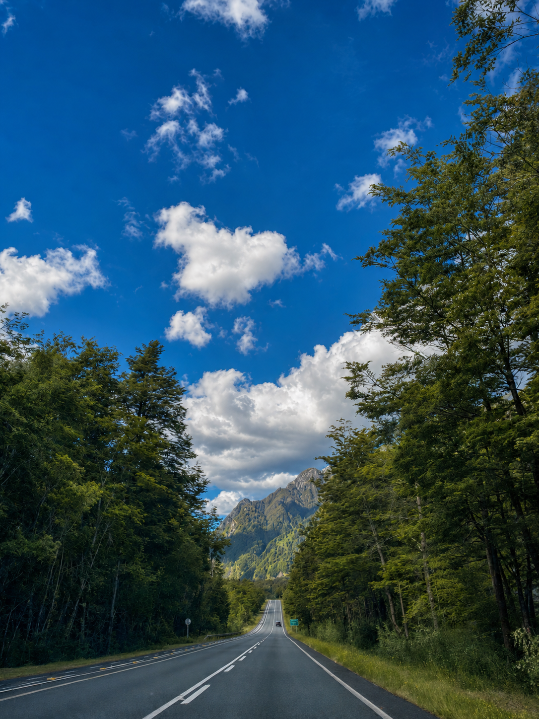 Camino a Ensenada rodeado de bosque, cielo despejado y montañas